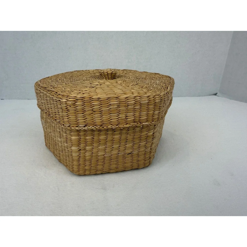 Vintage Cottage Hexagon Woven Seagrass Basket w/Lid Boho Storage Decorative Box